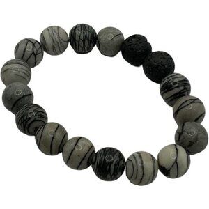 Natural Netstone Stretch Bracelet With Black & White Striped Beads Unisex Design